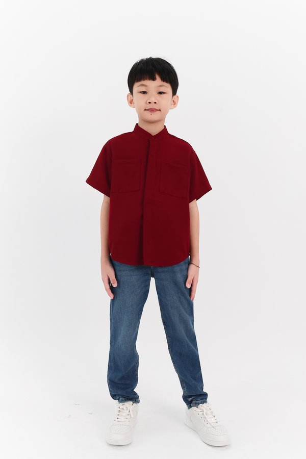 Boy Mandarin Collar Shirt in Maroon