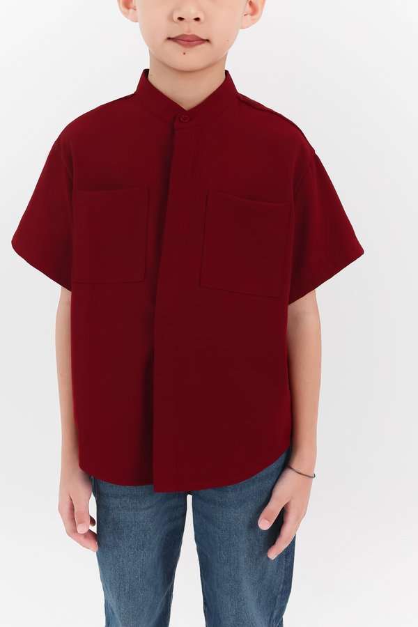 Boy Mandarin Collar Shirt in Maroon