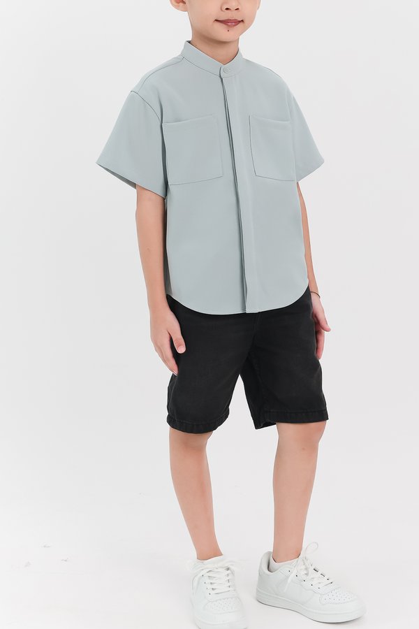 Boy Mandarin Collar Shirt in Seafoam Jade