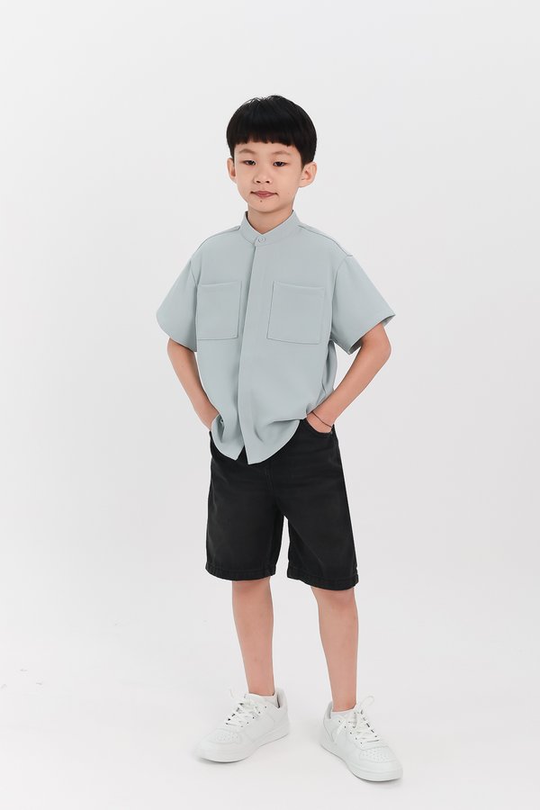 Boy Mandarin Collar Shirt in Seafoam Jade