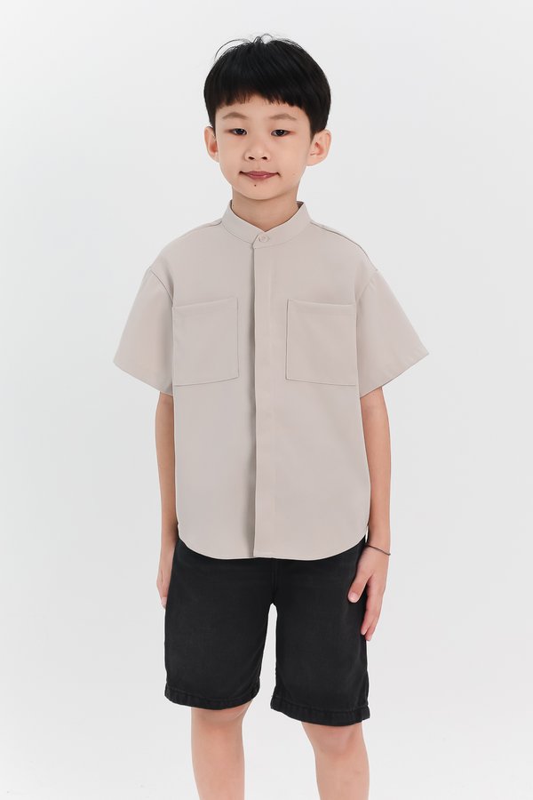 Boy Mandarin Collar Shirt in Nude Grey