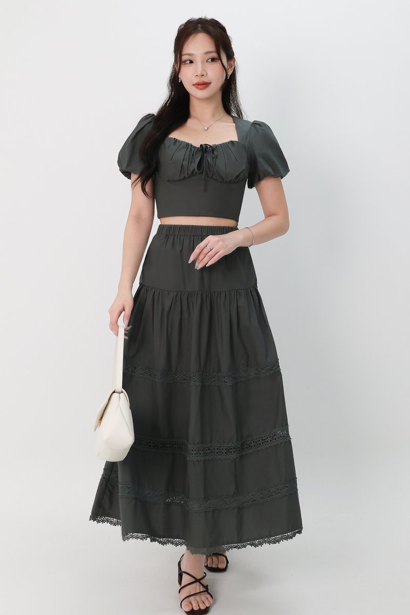Charlotte Co-ord Crochet Trim Midaxi Skirt in Muted Forest