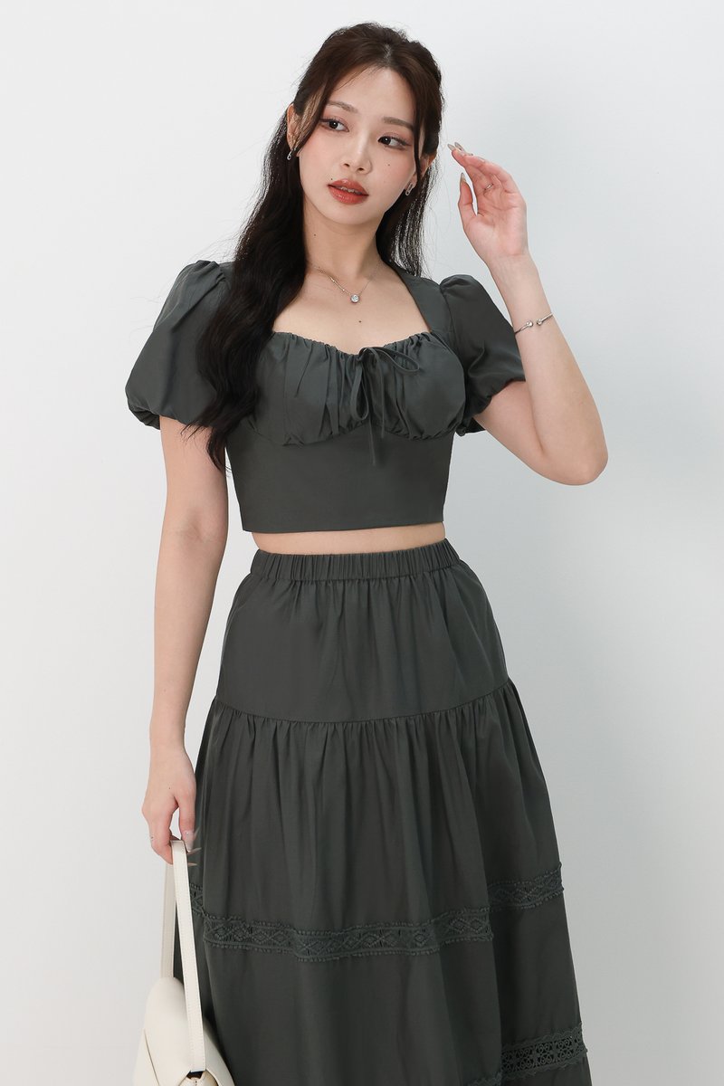 Charlotte Co-ord Crochet Trim Midaxi Skirt in Muted Forest