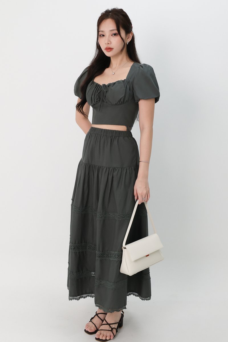 Charlotte Co-ord Crochet Trim Midaxi Skirt in Muted Forest