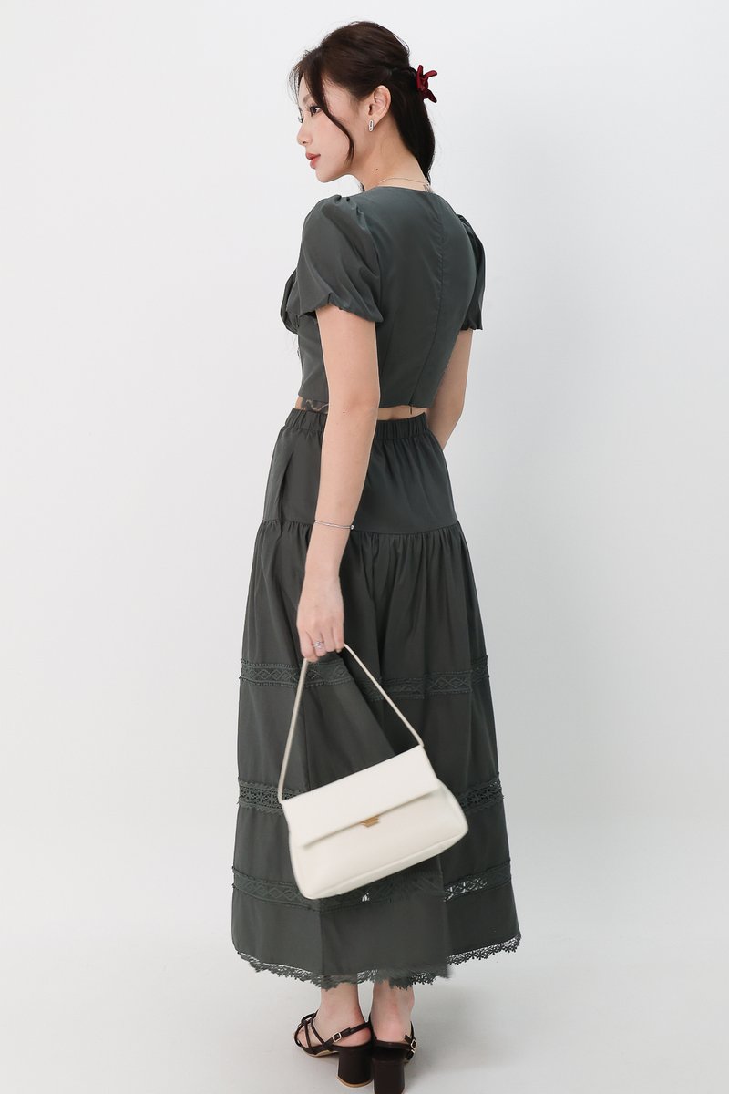 Charlotte Co-ord Crochet Trim Midaxi Skirt in Muted Forest