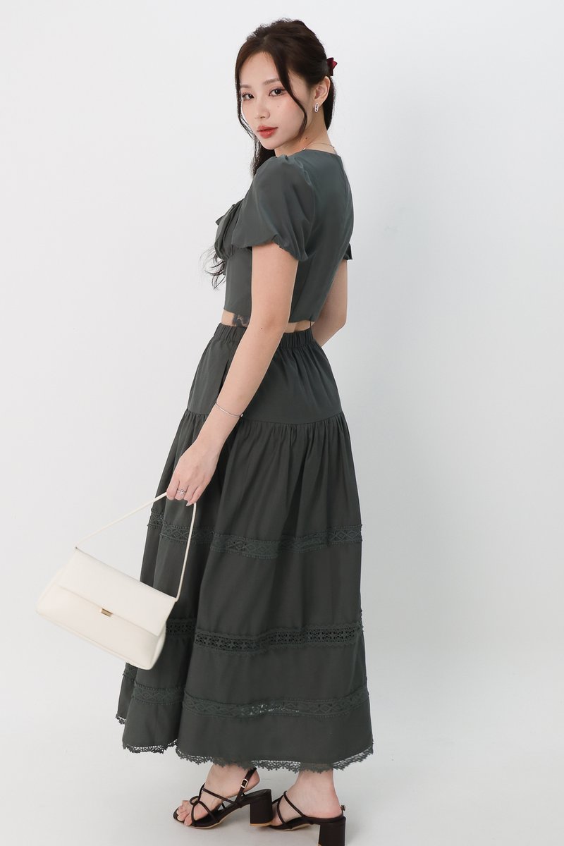 Charlotte Co-ord Crochet Trim Midaxi Skirt in Muted Forest