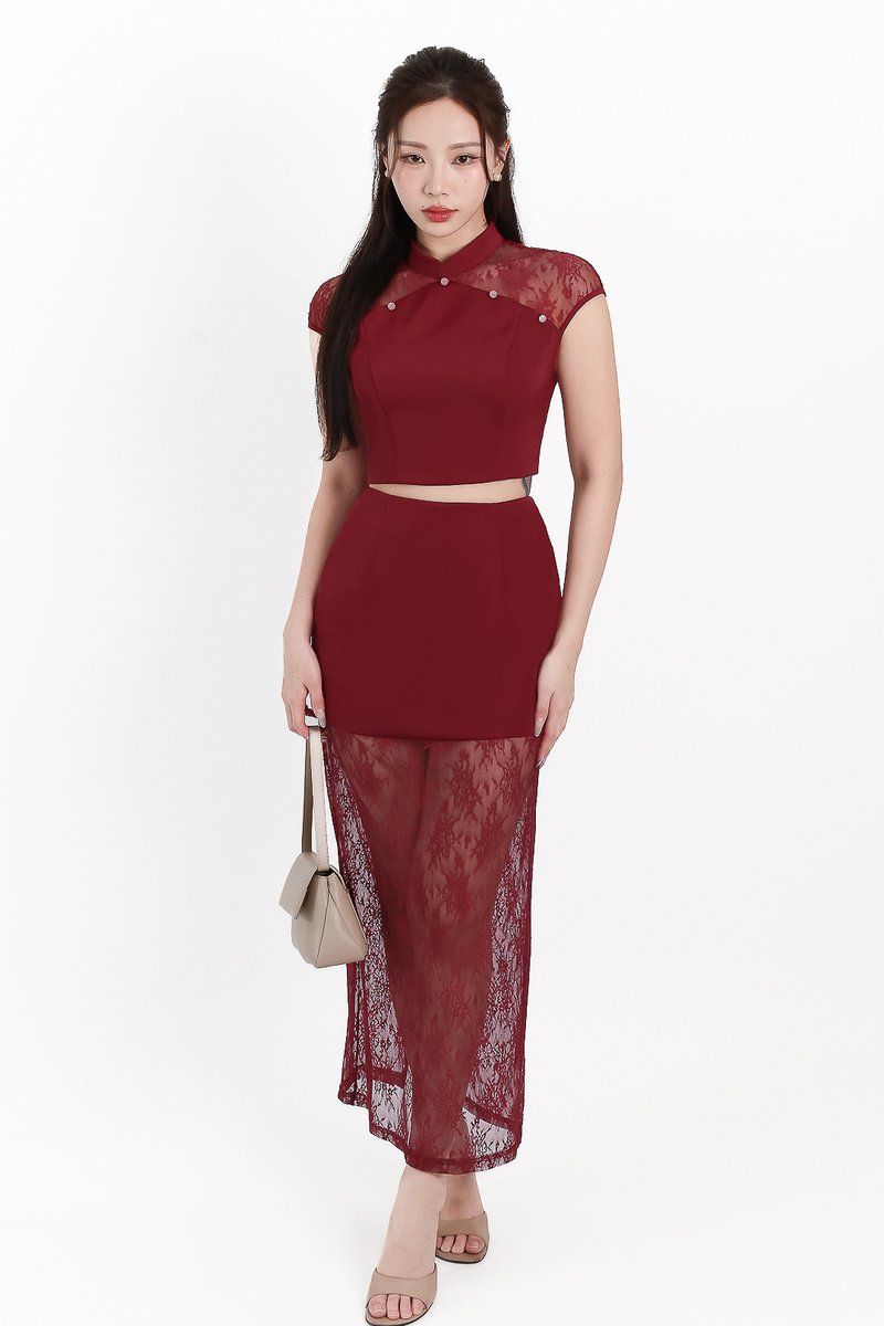 Lexi Lace Cheongsam Co-ord Set in Dark Red Lexi Lace Cheongsam Co-ord Set in Dark Red