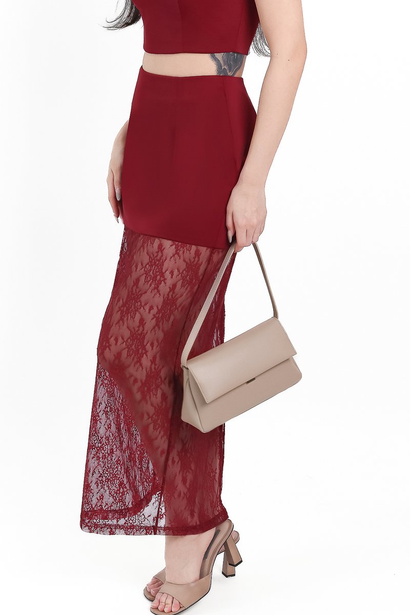 Lexi Lace Cheongsam Co-ord Set in Dark Red Lexi Lace Cheongsam Co-ord Set in Dark Red