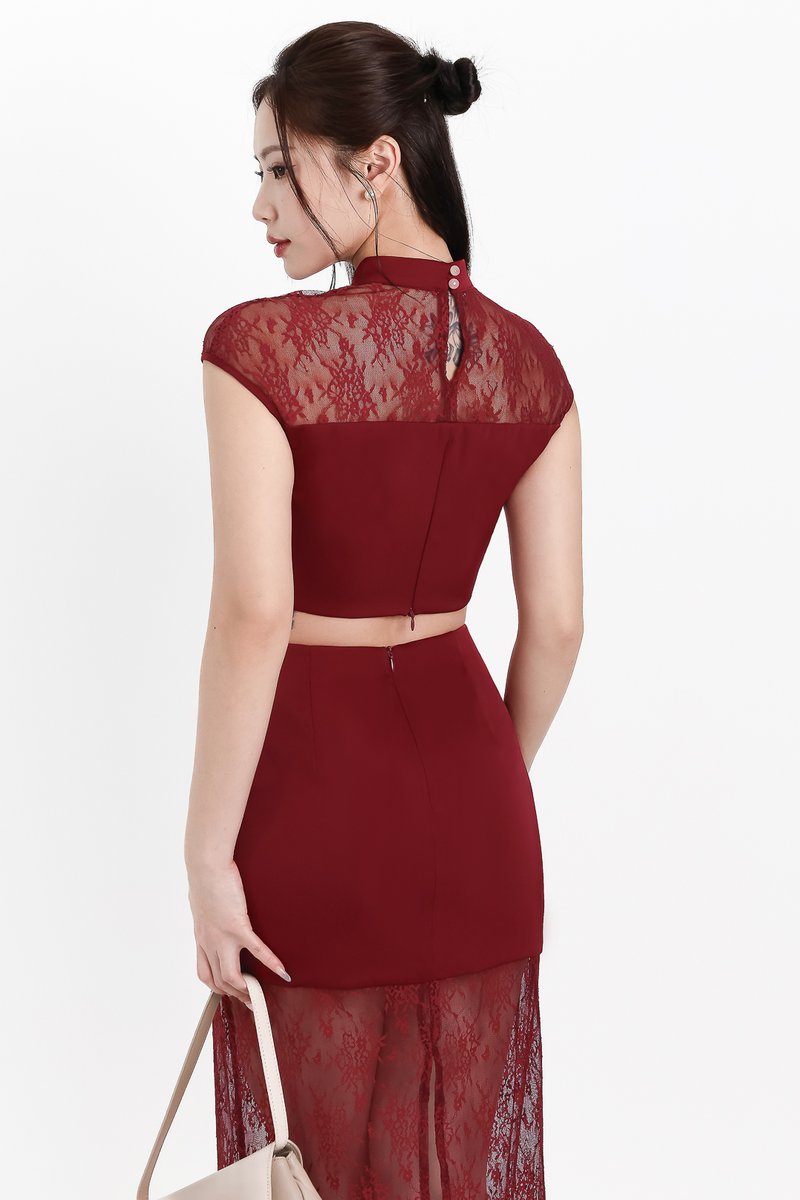 Lexi Lace Cheongsam Co-ord Top in Dark Red