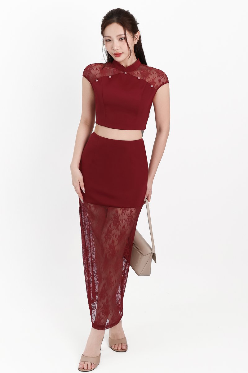 Lexi Lace Cheongsam Co-ord Set in Dark Red Lexi Lace Cheongsam Co-ord Set in Dark Red