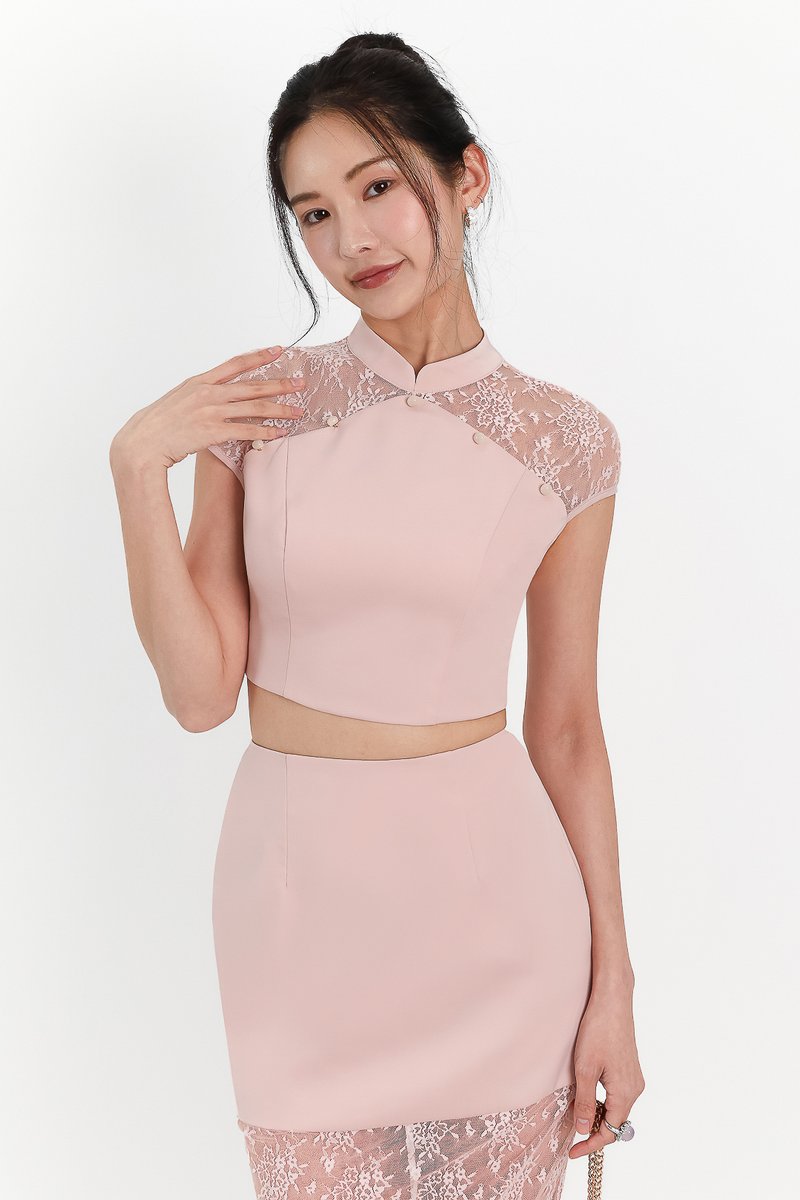 Lexi Lace Cheongsam Co-ord Set in Light Pink Lexi Lace Cheongsam Co-ord Set in Light Pink