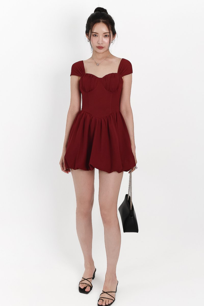 DEFECT | Melody Mesh Bubble Romper Dress in Maroon in S