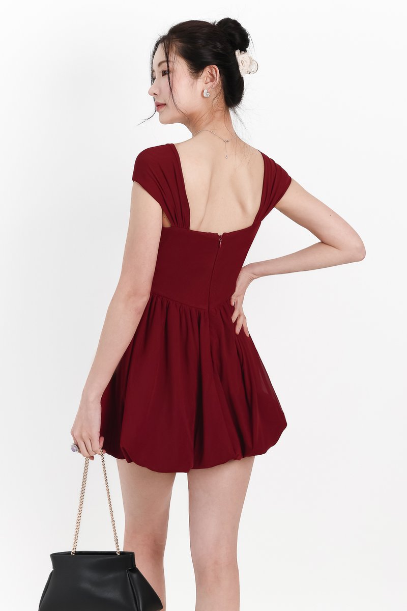 DEFECT | Melody Mesh Bubble Romper Dress in Maroon in S