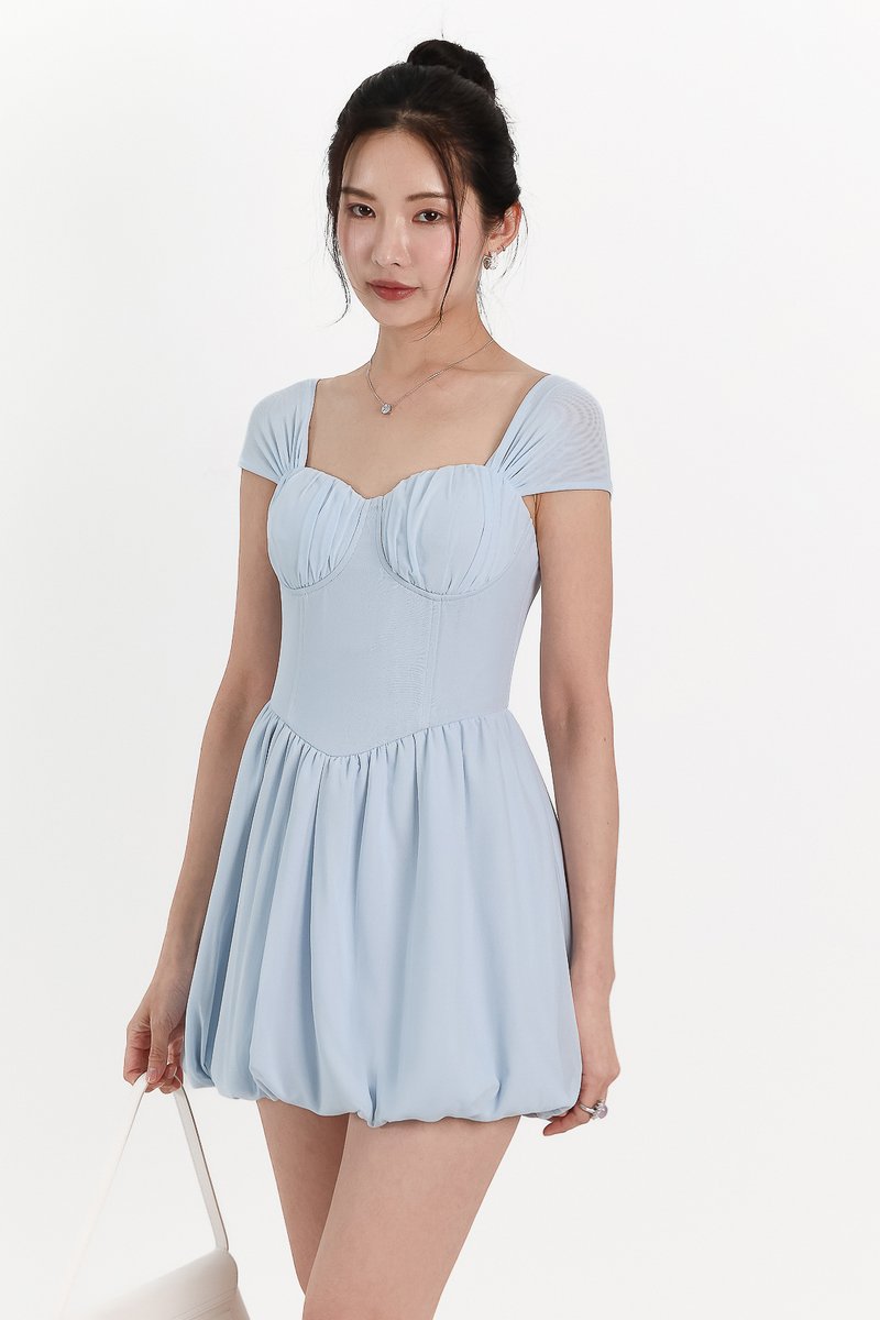 DEFECT | Melody Mesh Bubble Romper Dress in Light Blue in L
