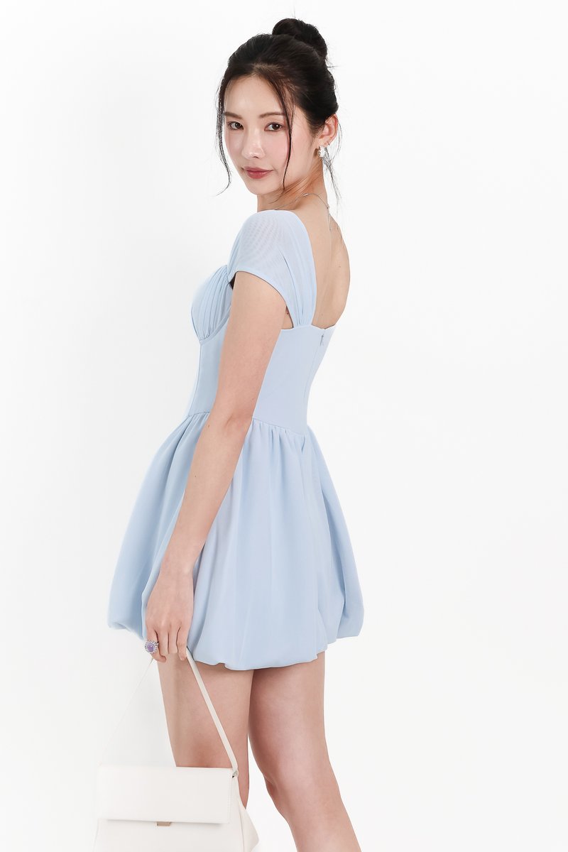 DEFECT | Melody Mesh Bubble Romper Dress in Light Blue in L