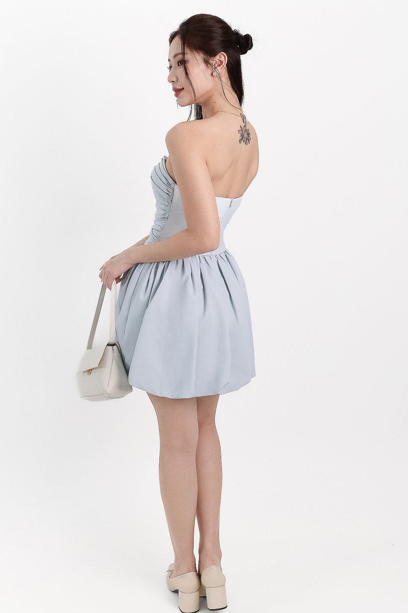 Bianca Bustier Bubble Hem Romper Dress in Light Blue