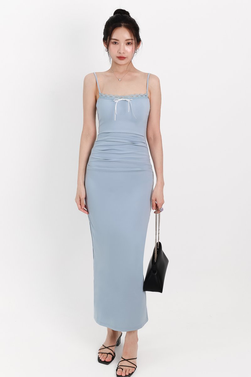 Peonies Padded Ruched Midaxi in Blue