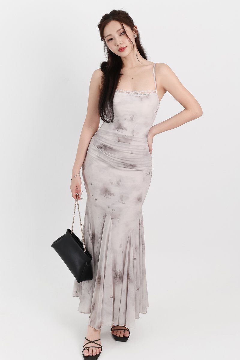 Willow Watercolour Floral Mesh Midaxi in Grey Florals ( Regular Length )