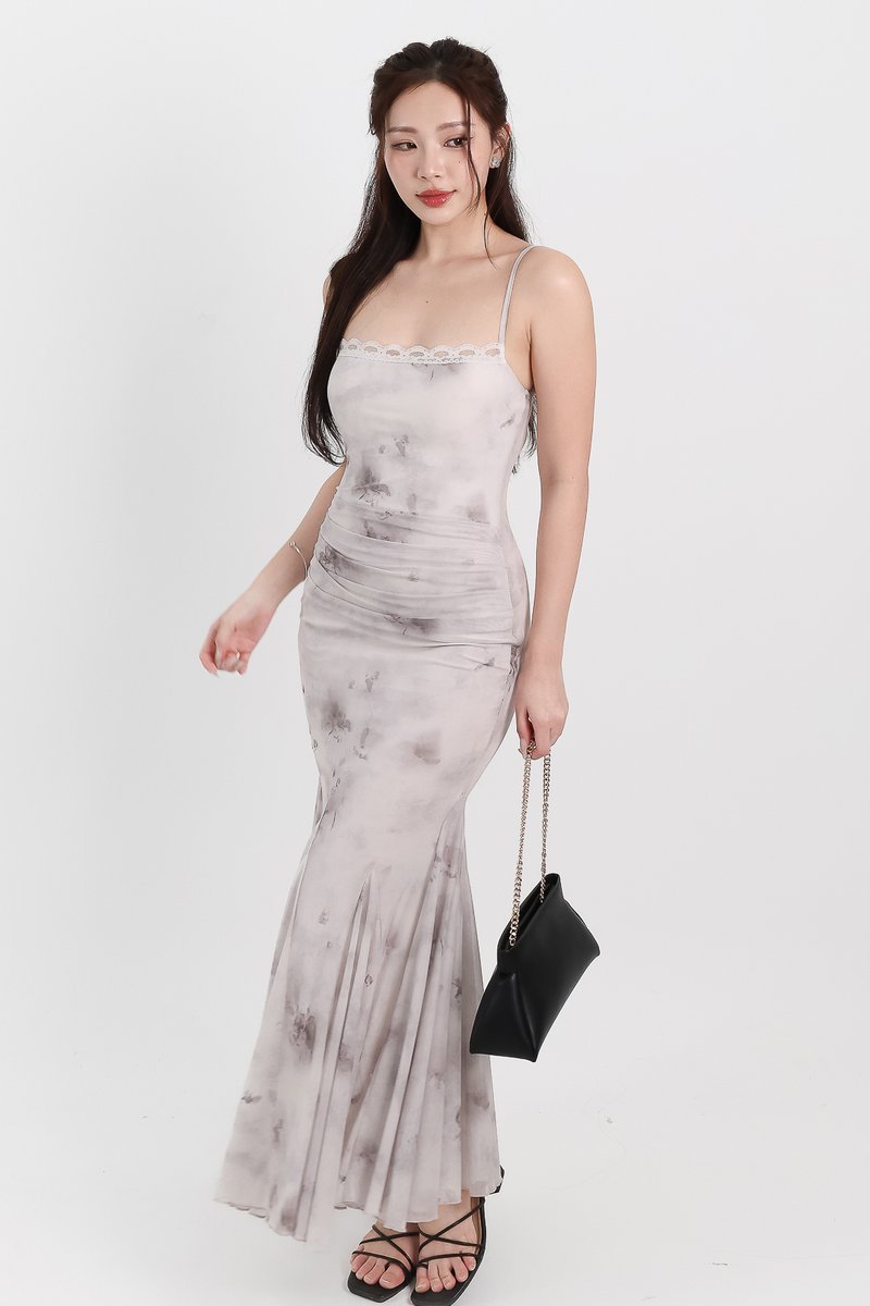 Willow Watercolour Floral Mesh Midaxi in Grey Florals ( Regular Length )