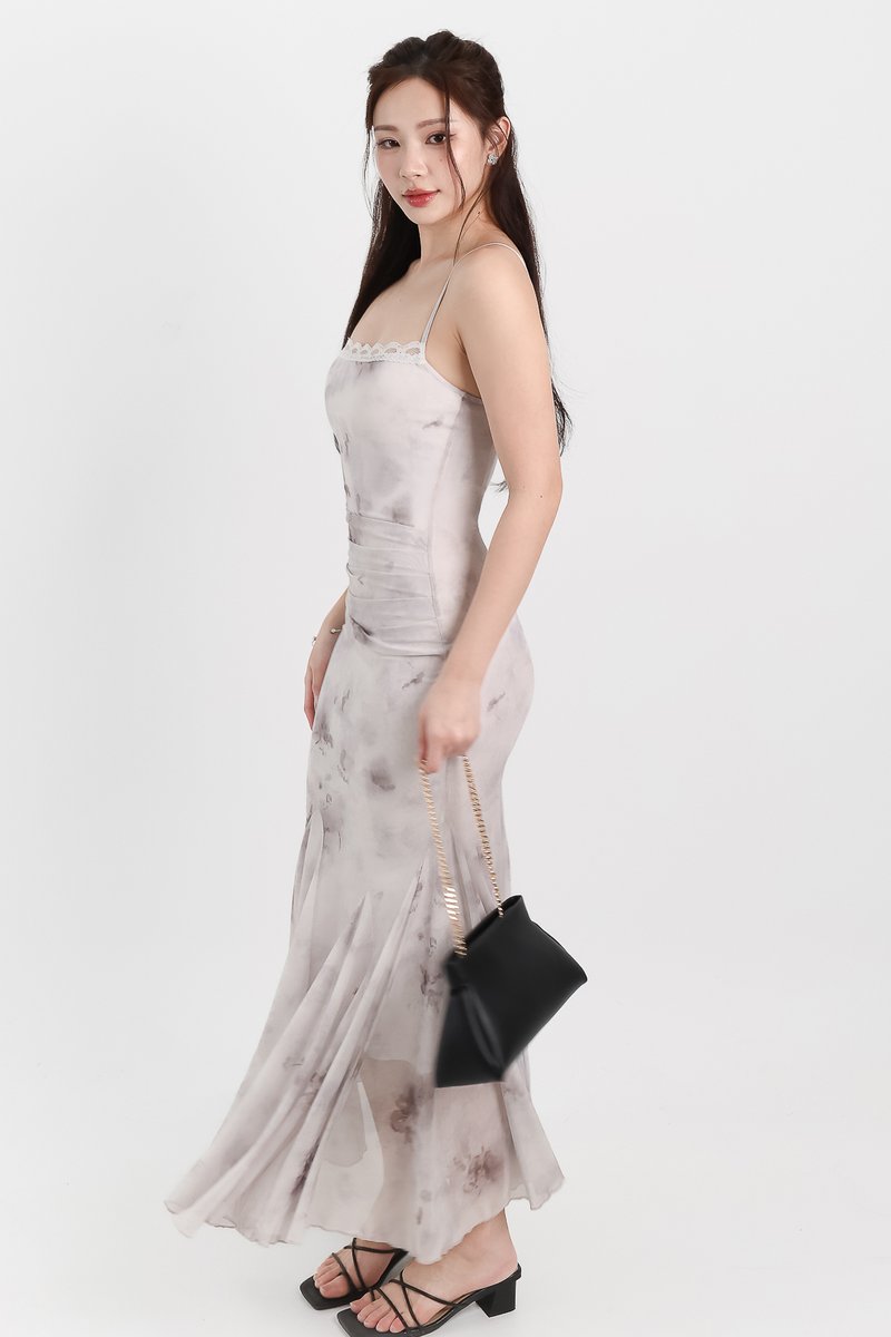 Willow Watercolour Floral Mesh Midaxi in Grey Florals ( Regular Length )