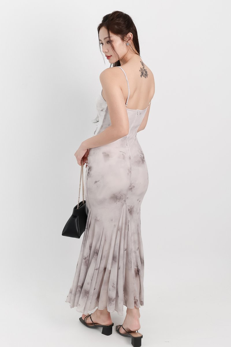 Willow Watercolour Floral Mesh Midaxi in Grey Florals ( Regular Length )