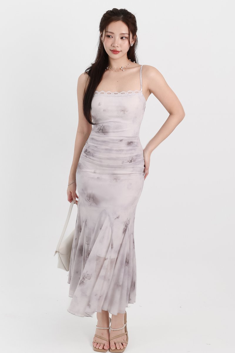 Willow Watercolour Floral Mesh Midaxi in Grey Florals ( Petite Length )