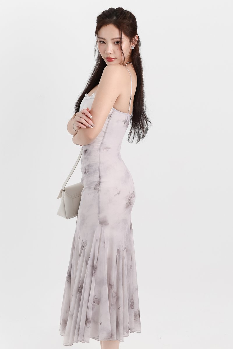 Willow Watercolour Floral Mesh Midaxi in Grey Florals ( Petite Length )