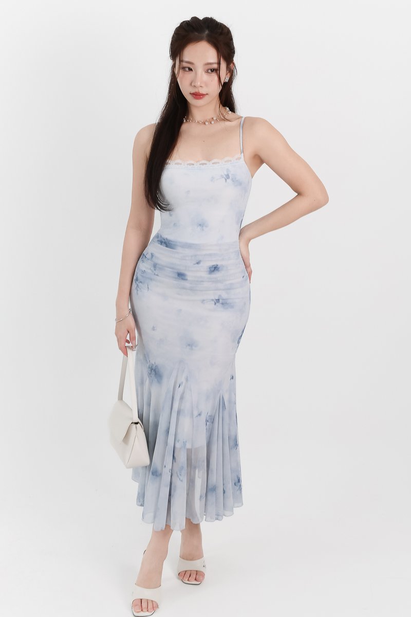 Willow Watercolour Floral Mesh Midaxi in Blue Florals ( Petite Length )