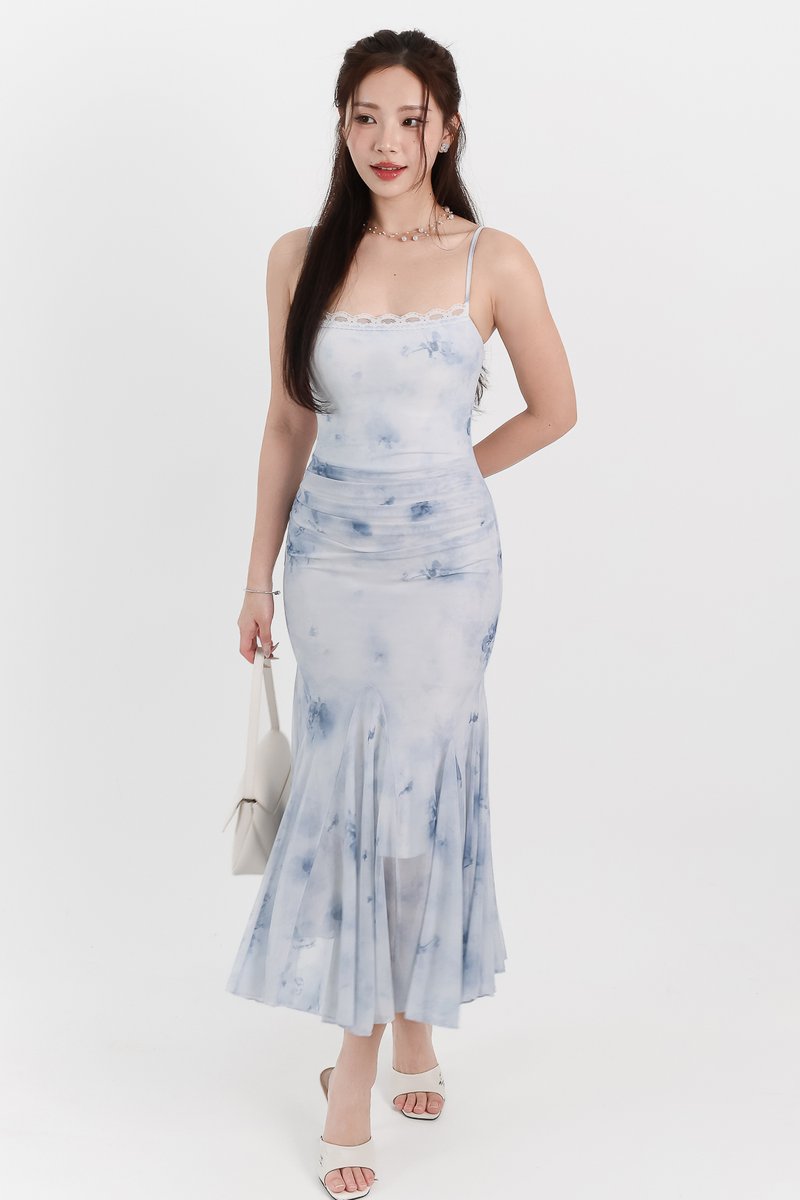 Willow Watercolour Floral Mesh Midaxi in Blue Florals ( Petite Length )