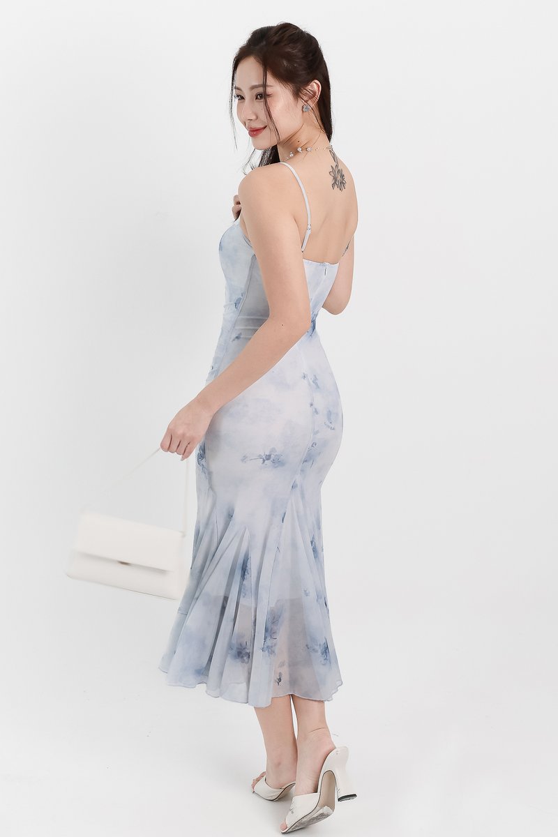 Willow Watercolour Floral Mesh Midaxi in Blue Florals ( Petite Length )