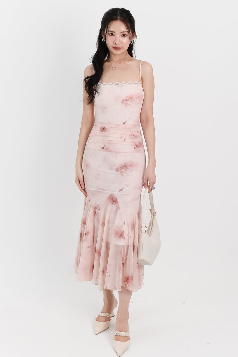 Willow Watercolour Floral Mesh Midaxi in Pink Florals ( Petite Length )