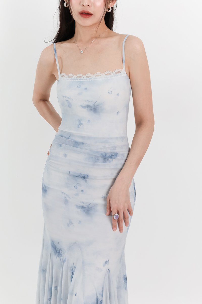 Willow Watercolour Floral Mesh Midaxi in Blue Florals ( Regular Length )