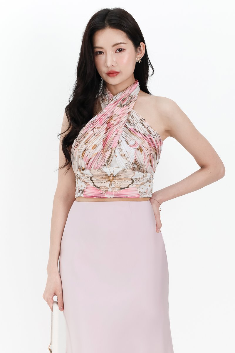 Prissia Pleated Halter Top in Pink Butterfly