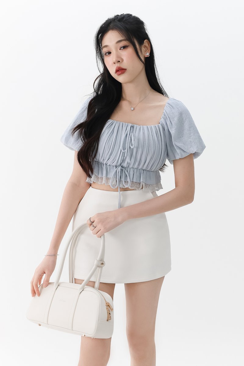 Patricia Pleated Sleeved Top in Pastel Blue