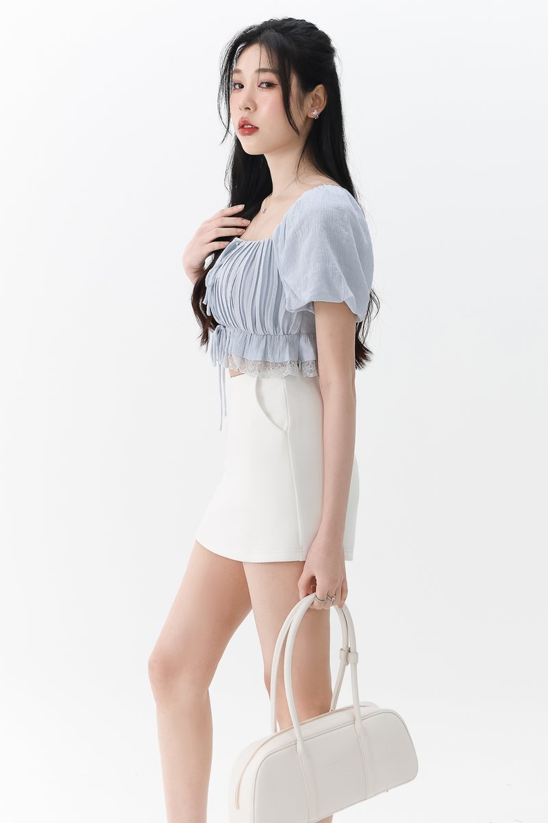 Patricia Pleated Sleeved Top in Pastel Blue