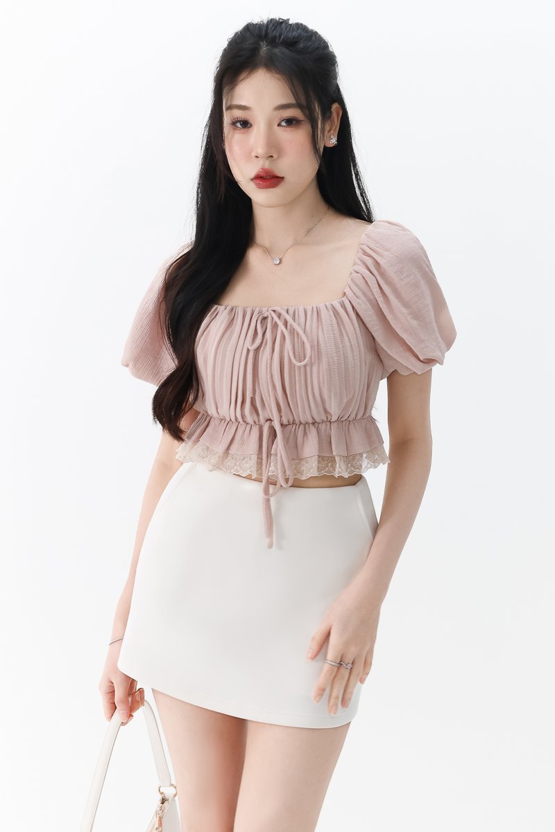 Patricia Pleated Sleeved Top in Nude Blush