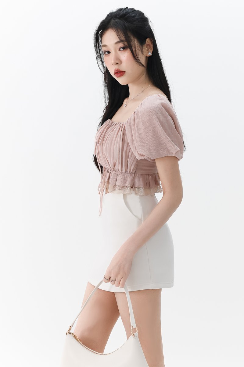 Patricia Pleated Sleeved Top in Nude Blush
