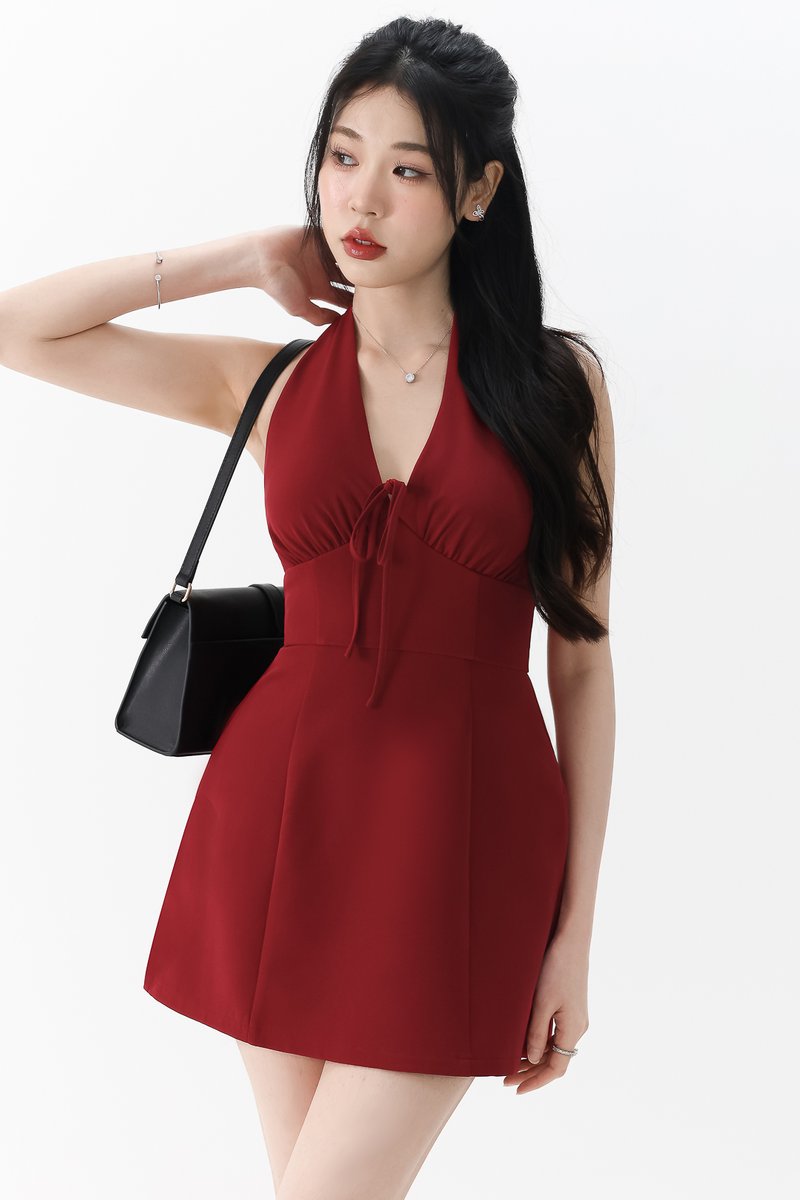 RESTOCKS | Treasure Tie Romper Dress in Dark Red