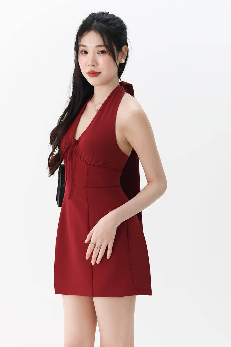 RESTOCKS | Treasure Tie Romper Dress in Dark Red