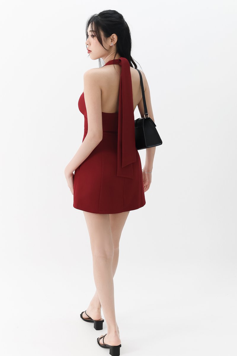RESTOCKS | Treasure Tie Romper Dress in Dark Red