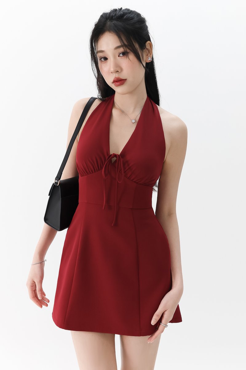 RESTOCKS | Treasure Tie Romper Dress in Dark Red