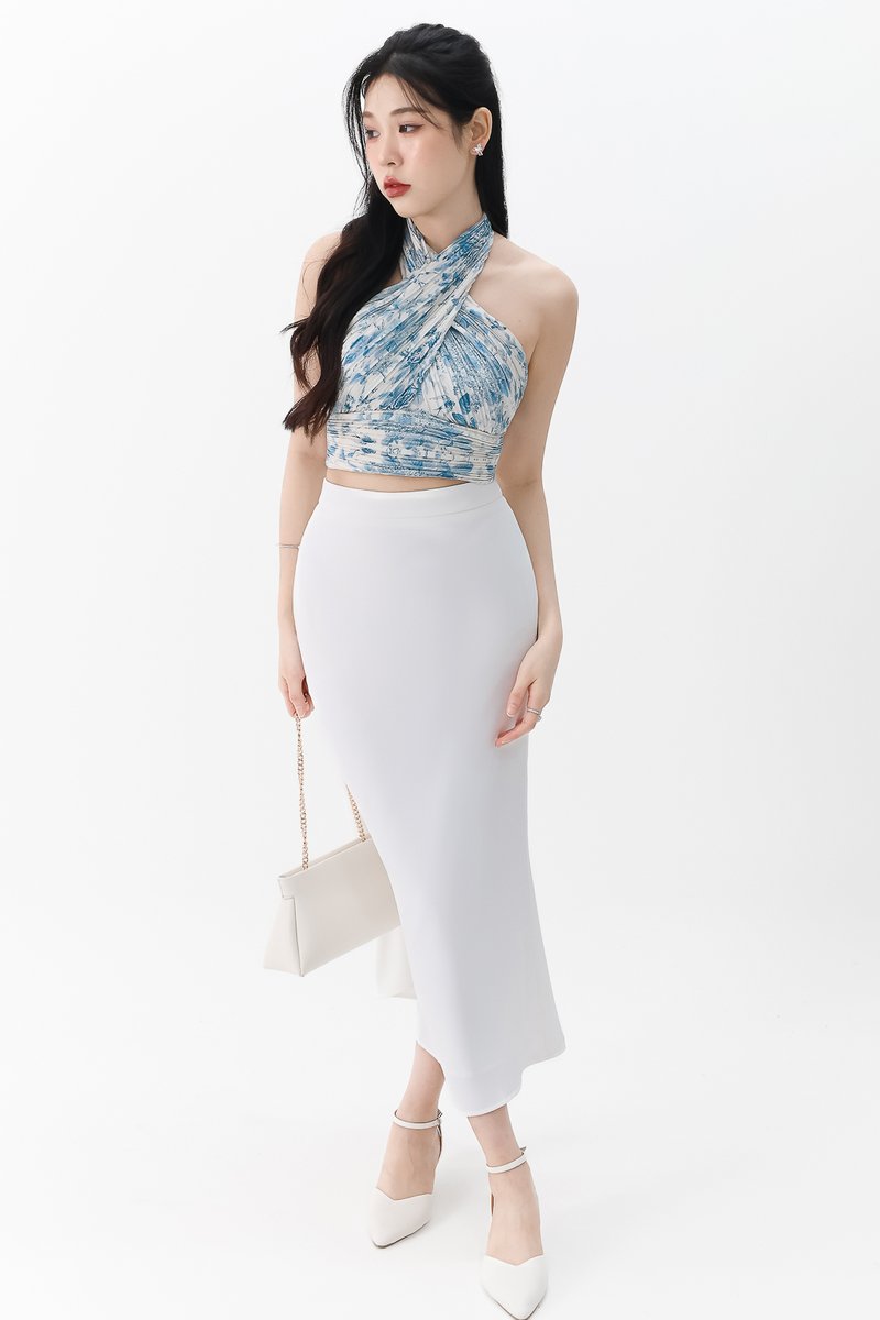 DEFECT | Prissia Pleated Halter Top in Blue Florals in L