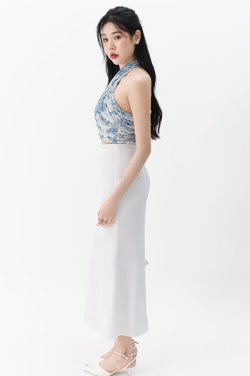 Prissia Pleated Halter Top in Blue Florals