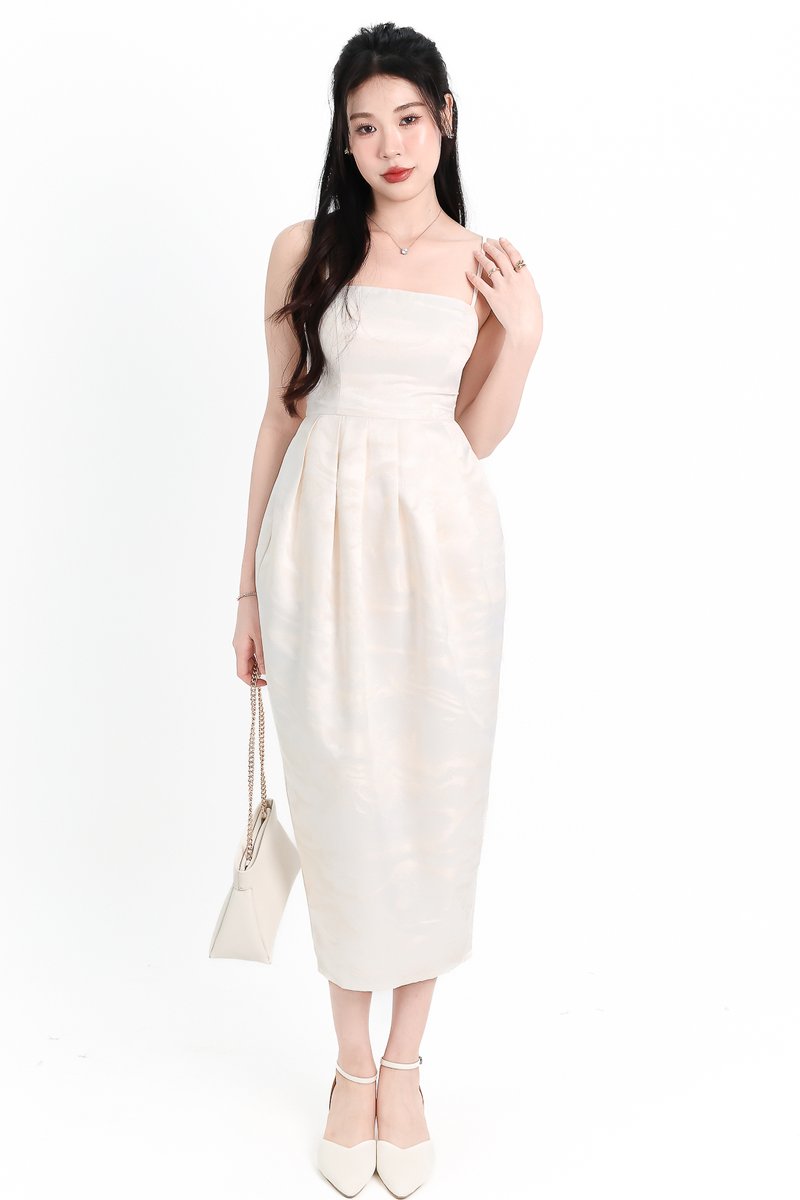Jess Jacquard Midaxi Dress in White x Cream