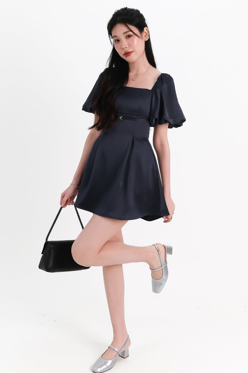 Peycie Puffy Sleeve Romper Dress in Midnight Steel