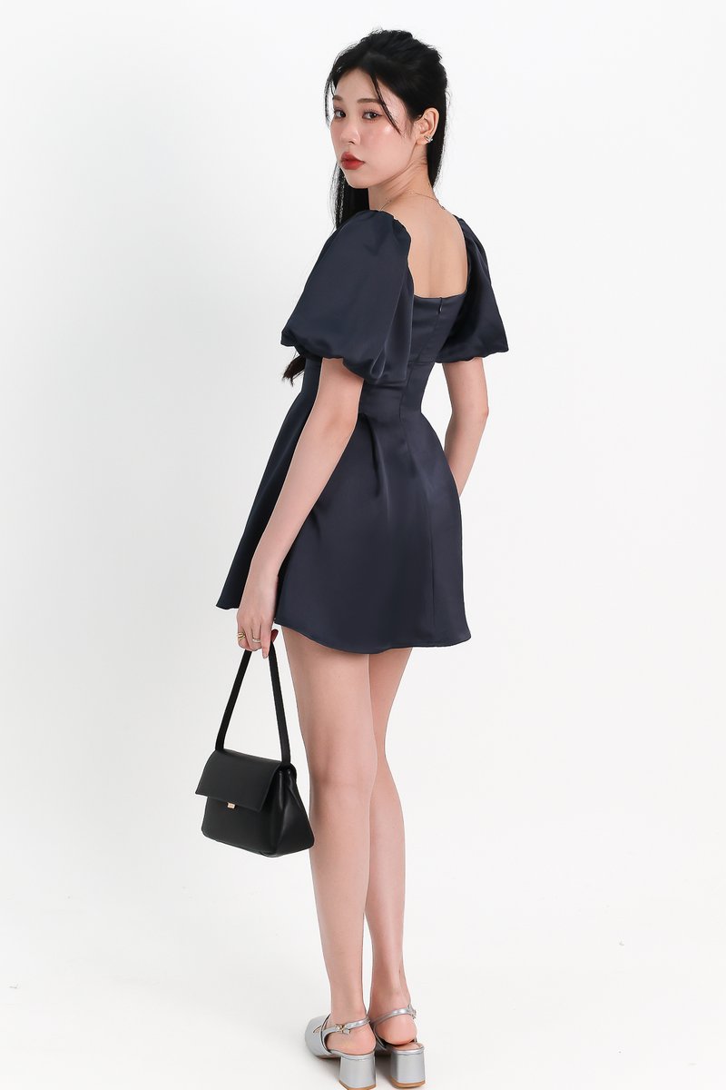 DEFECT | Peycie Puffy Sleeve Romper Dress in Midnight Steel in S