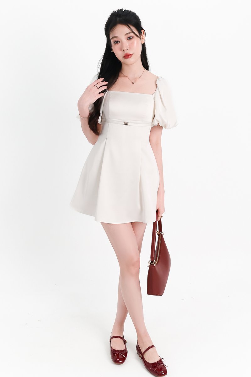 DEFECT | Peycie Puffy Sleeve Romper Dress in Pearl White in XXS