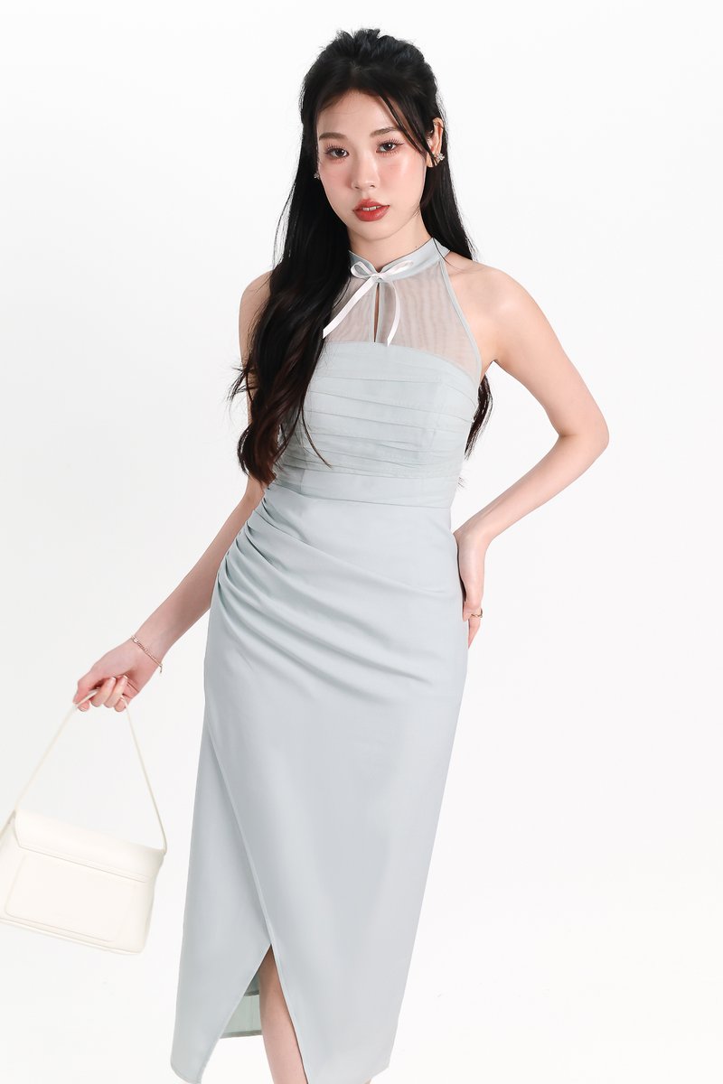 Maya Mesh Ruched Dress in Seafoam Jade