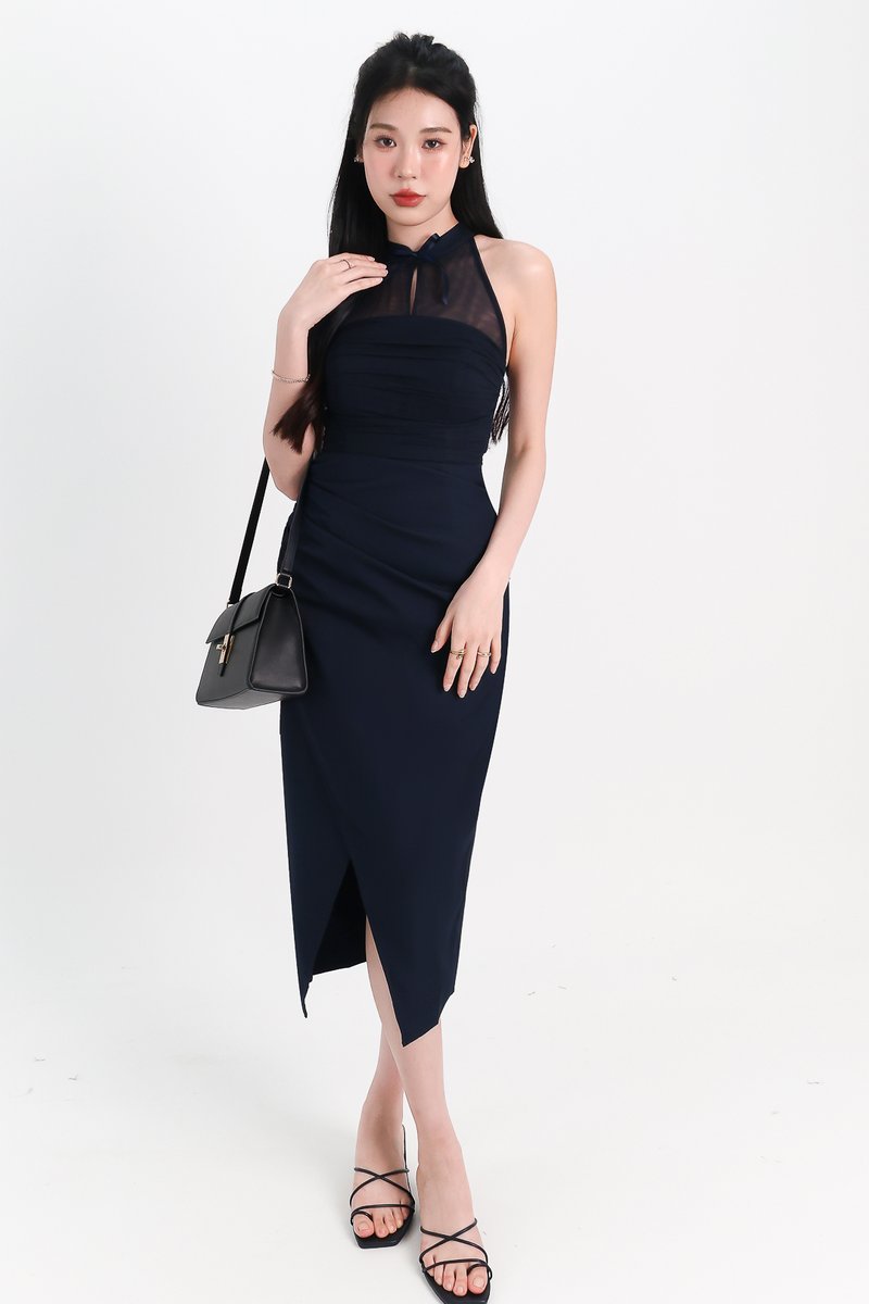 Maya Mesh Ruched Dress in Midnight