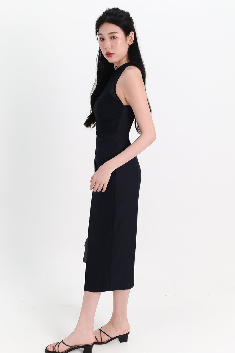 Maya Mesh Ruched Dress in Midnight